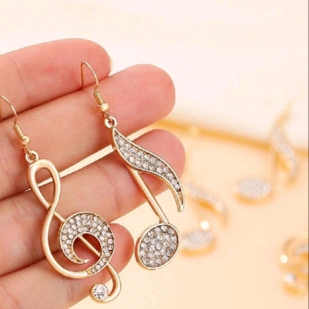 Gold Rhinestone Musical Note Earrings - New - Picture 2 of 2